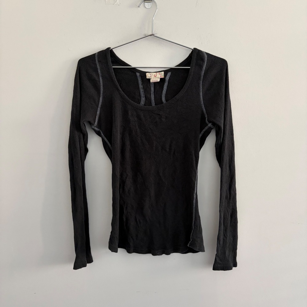 Ocean Pacific OP Black Ribbed Long Sleeve Scoop Neck Top Contrast Stitching M